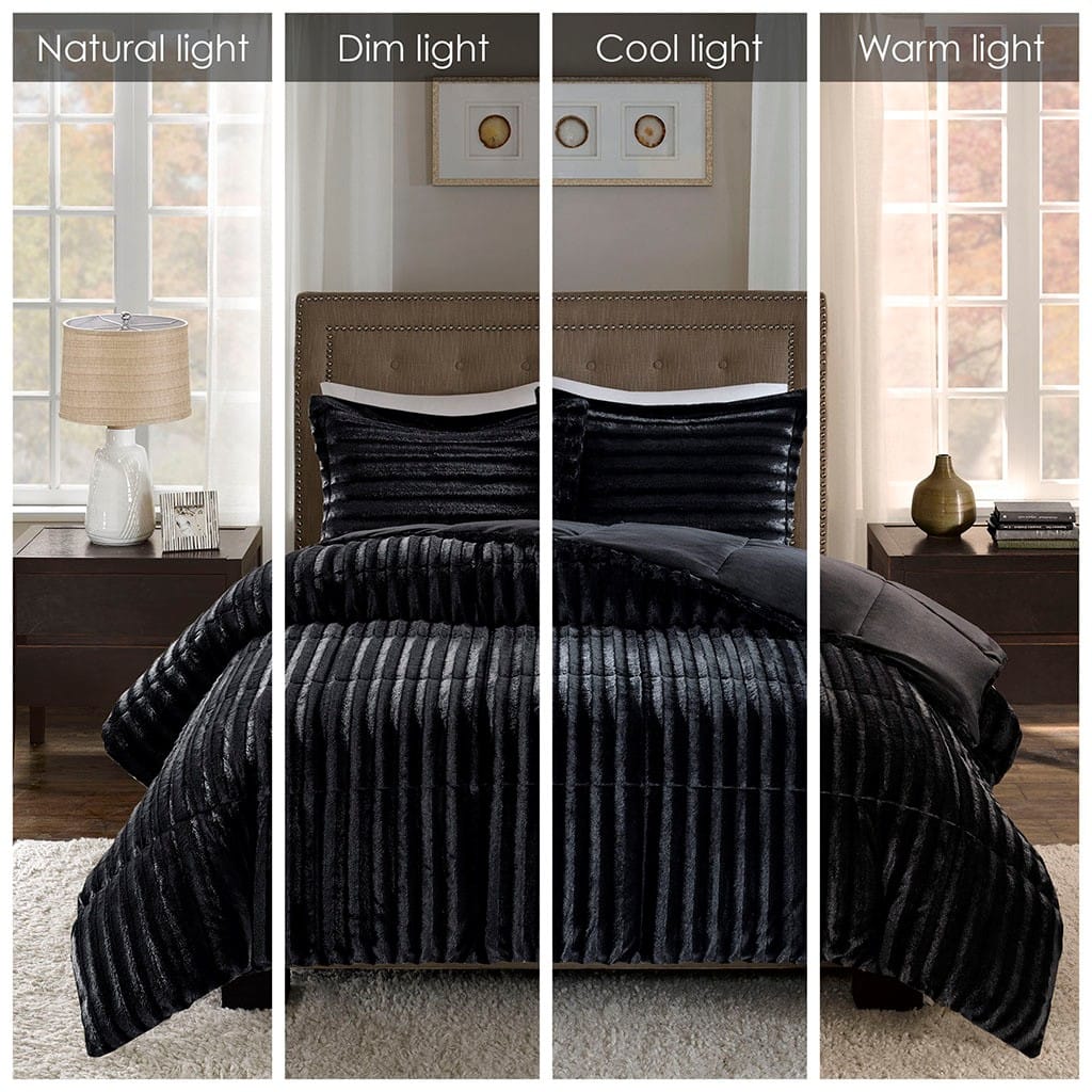 King Faux Fur Comforter Set - Black Polyester