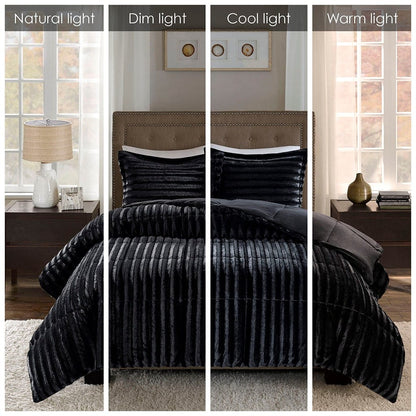 King Faux Fur Comforter Set - Black Polyester
