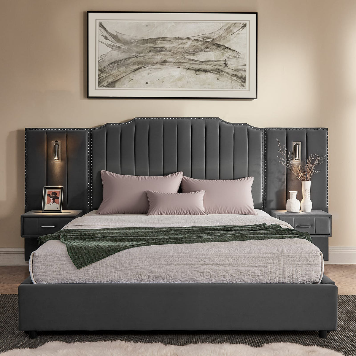 Queen Size Upholstered Bed Frame - Gray Velvet, Vertical Stripe Design