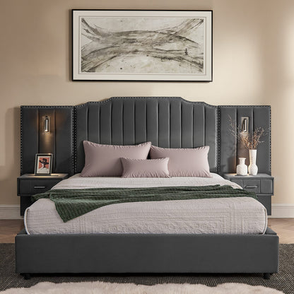 Queen Size Upholstered Bed Frame - Gray Velvet, Vertical Stripe Design