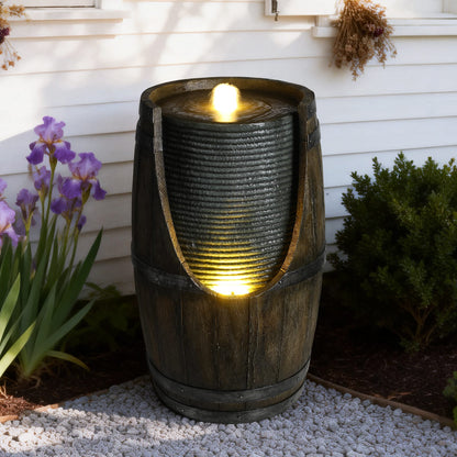 Grayish Green Resin Barrel Water Fountain Outdoor Patio Decor