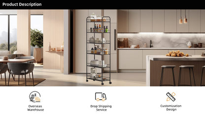6 Tier Slim Rolling Storage Cart - Black Metal for Living Room