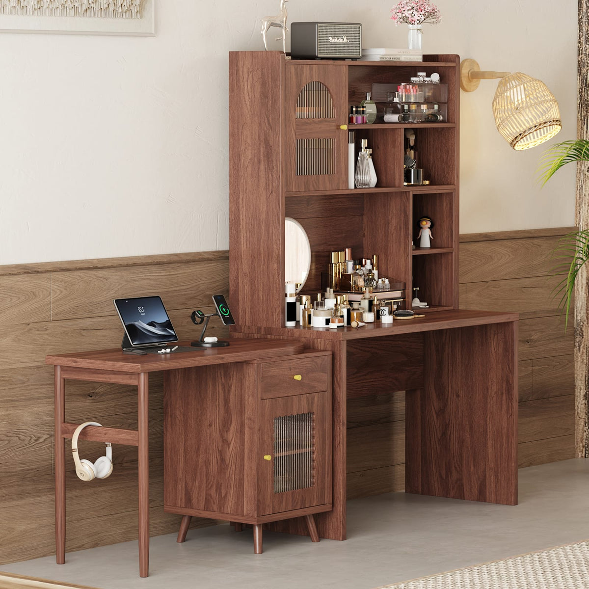 Walnut Rotating Computer Desk with Storage for Work and Study for Home Office