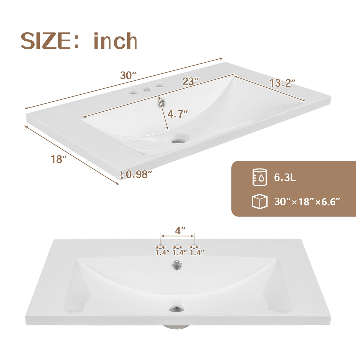 30 Inch White Ceramic Bathroom Vanity Top for Cabinet Renovation