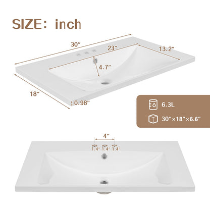 30 Inch White Ceramic Bathroom Vanity Top for Cabinet Renovation
