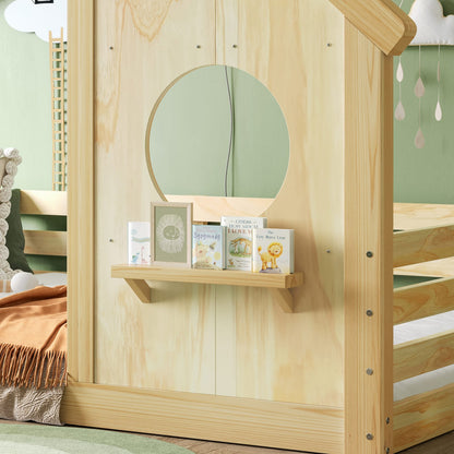 Twin House Floor Bed - Natural Wood, Safe & Sturdy Design