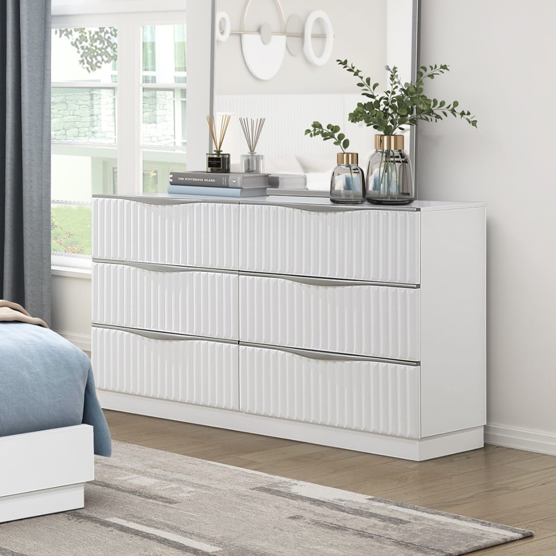 Pearl White Dresser - 6 Drawers, Modern Glam Style