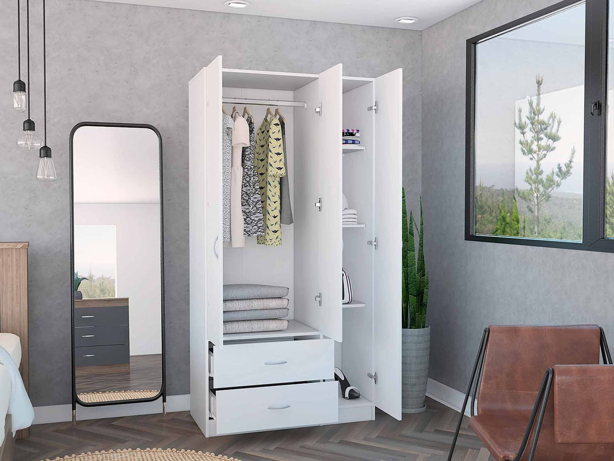 White 3-Door Armoire with Drawers & Hanging Rod - Storage Dresser for Bedroom