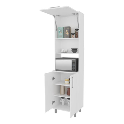 Modern White Kitchen Pantry with Open Storage and Pneumatic Door