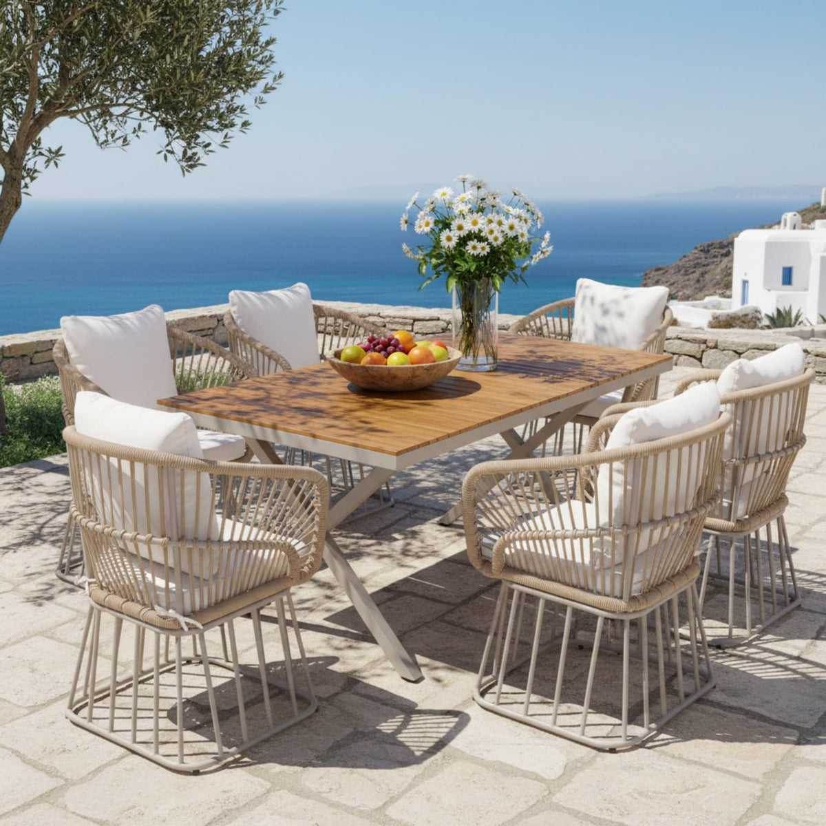 Outdoor 7-Piece Dining Set - Teak Wood Table & Beige Steel Chairs, Patio Furniture