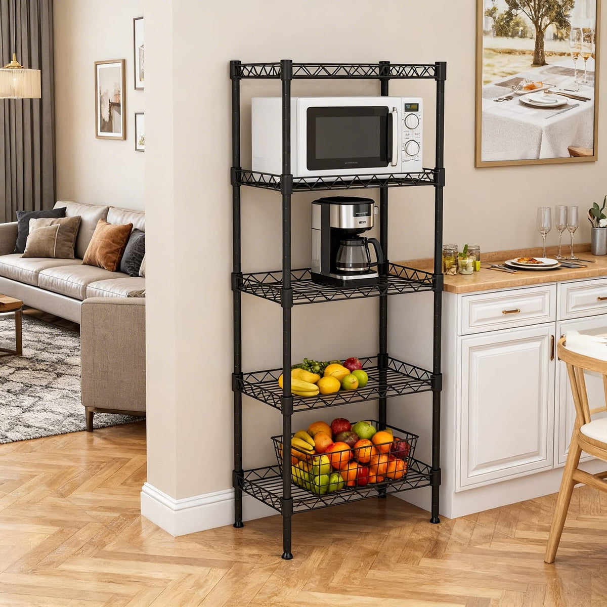 5-Tier Black Wire Shelving Unit - Adjustable Storage Rack for Living Room