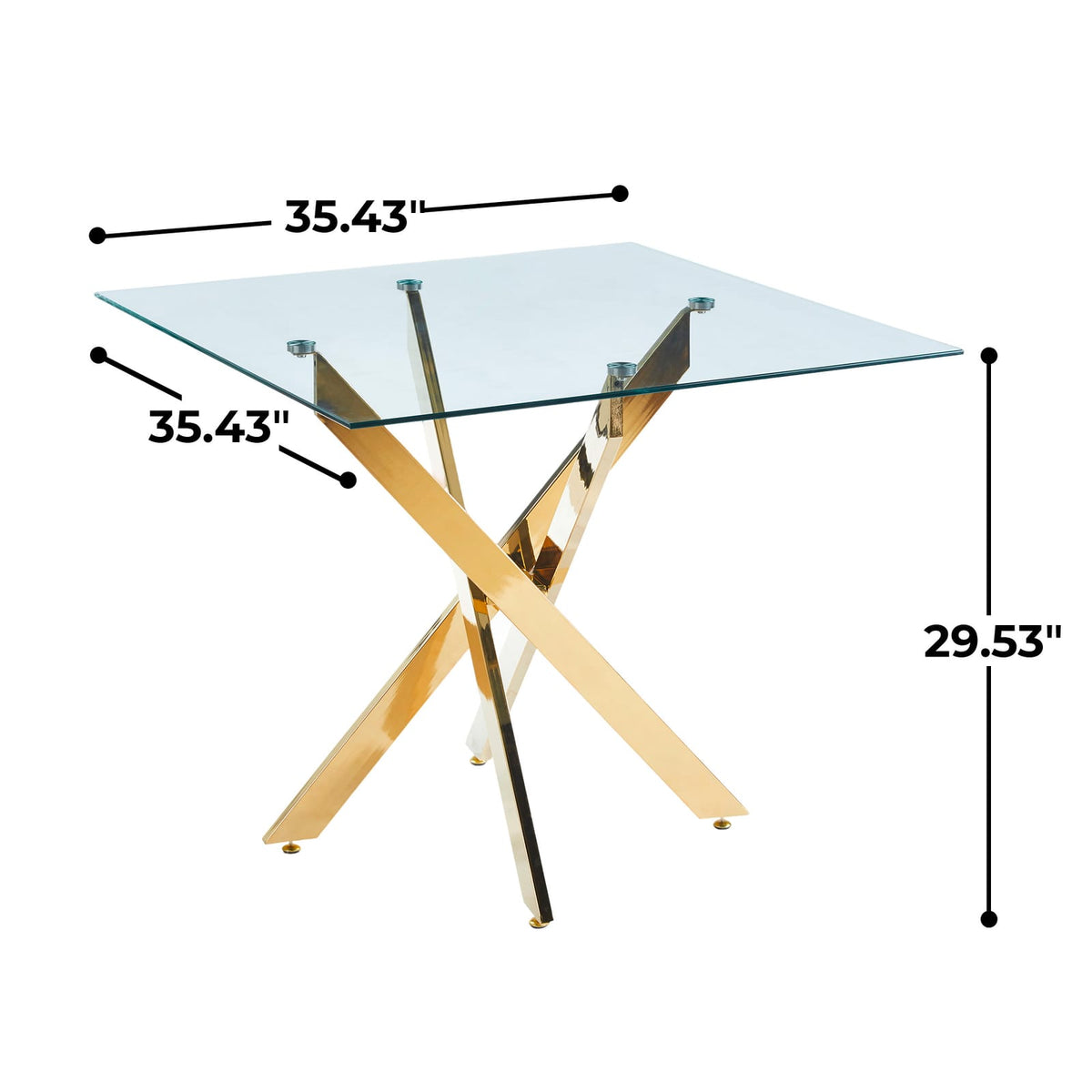 Dining Table with Golden Legs - Modern Glass Top, 90x90cm