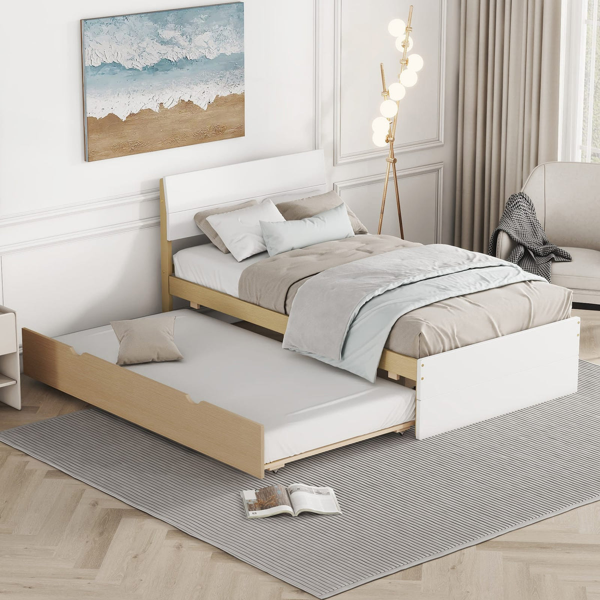 Modern Twin Bed Frame with Light Oak Trundle - White High Gloss