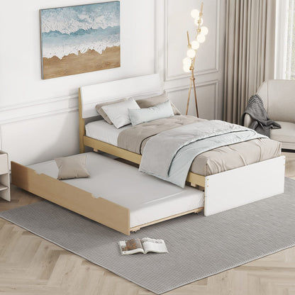 Modern Twin Bed Frame with Light Oak Trundle - White High Gloss