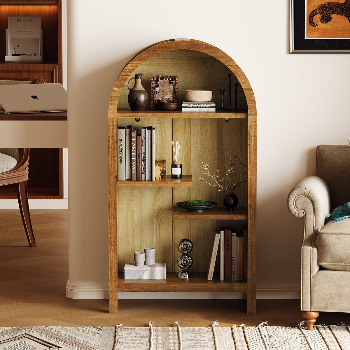 Walnut Melamine Arched Display Cabinet for Entryway or Living Room Storage
