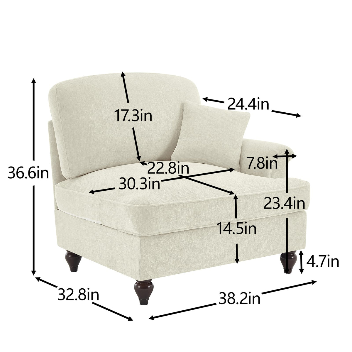 Beige White Chenille 1 Seat Sofa with Pillow for Living Room