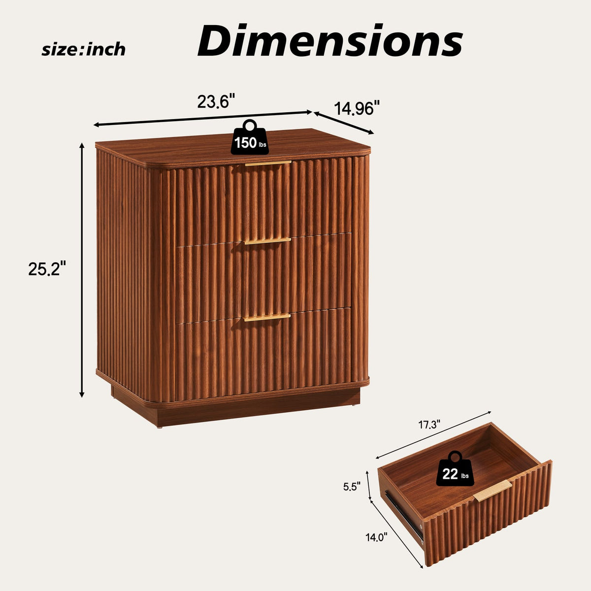 3-Drawer Walnut MDF Nightstand - 23.6" Wide Bedroom Storage