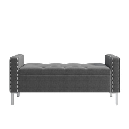 Charcoal Gray Storage Bench - Tufted Seat, Pewter Trim for Living Room