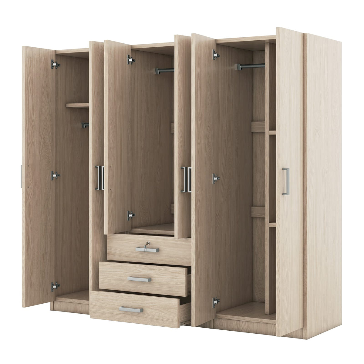 6-Door Wooden Wardrobe - Brown Storage for Bedrooms