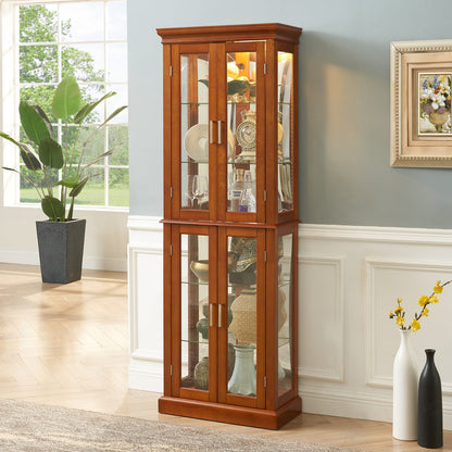 Walnut Curio Cabinet - Lighted Display Cabinet with Adjustable Shelves