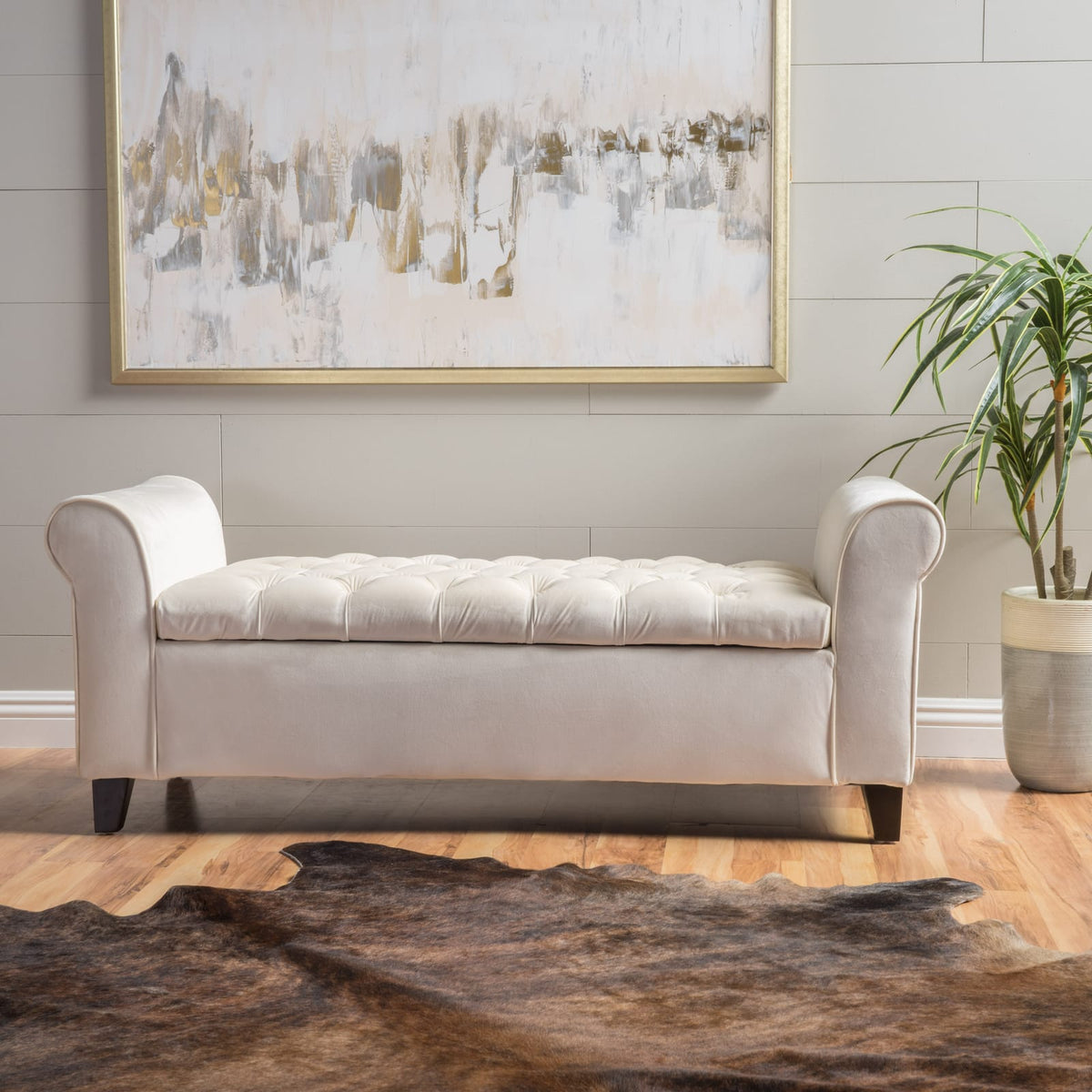 Ivory Fabric Storage Bench - 50" Seat, Black Legs