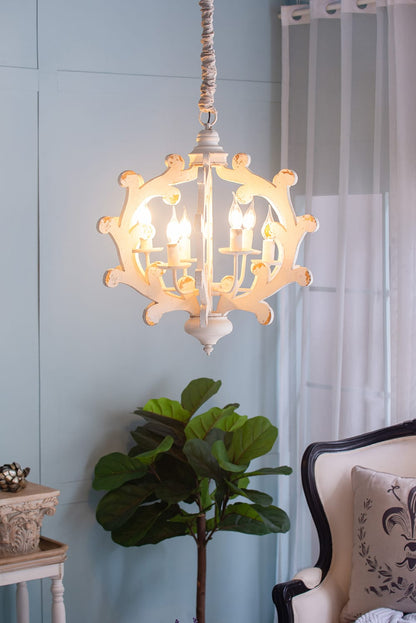 6-Light Wood Chandelier - White MDF, Adjustable Chain