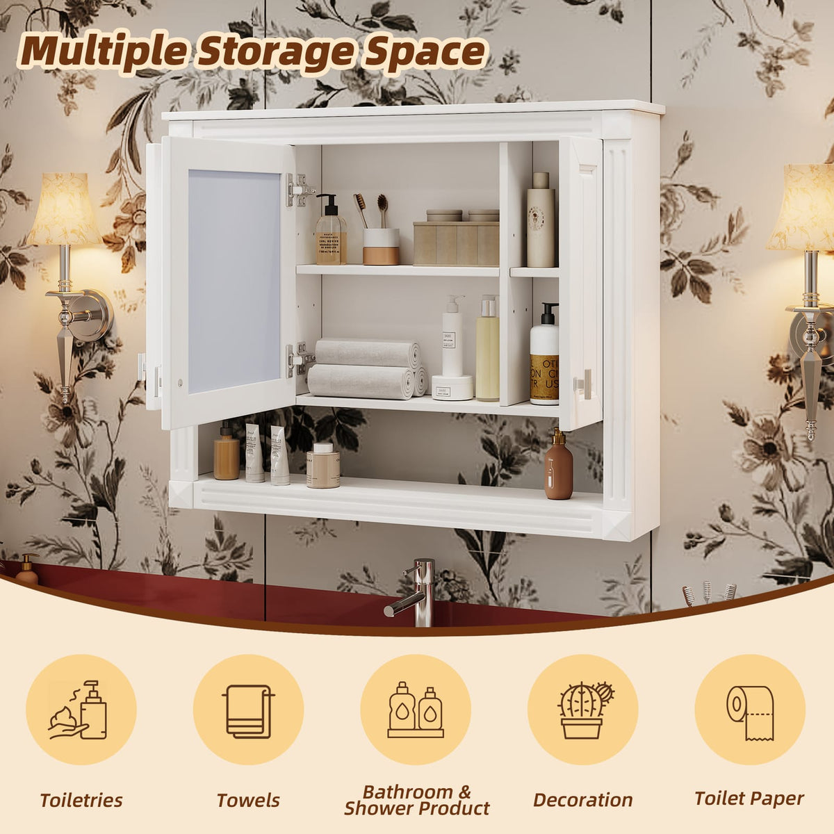 White Bathroom Storage Cabinet with Mirror - 35" Wall Mounted