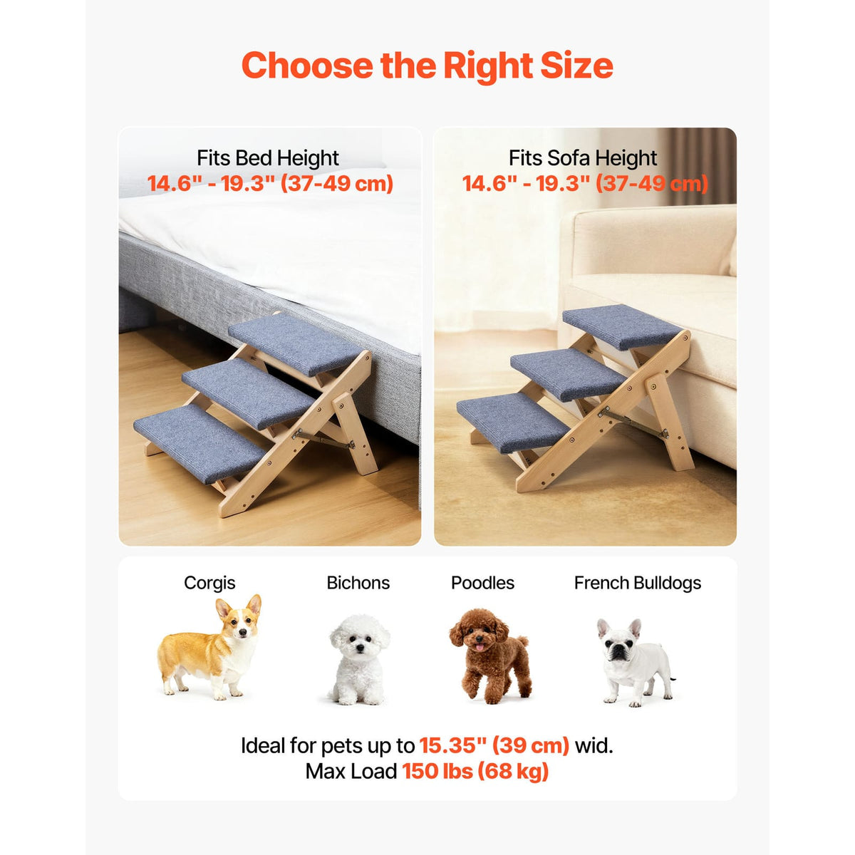 Wood Pet Stairs - 3 Step Dog Steps, Foldable & Stable