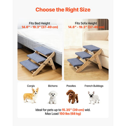 Wood Pet Stairs - 3 Step Dog Steps, Foldable & Stable