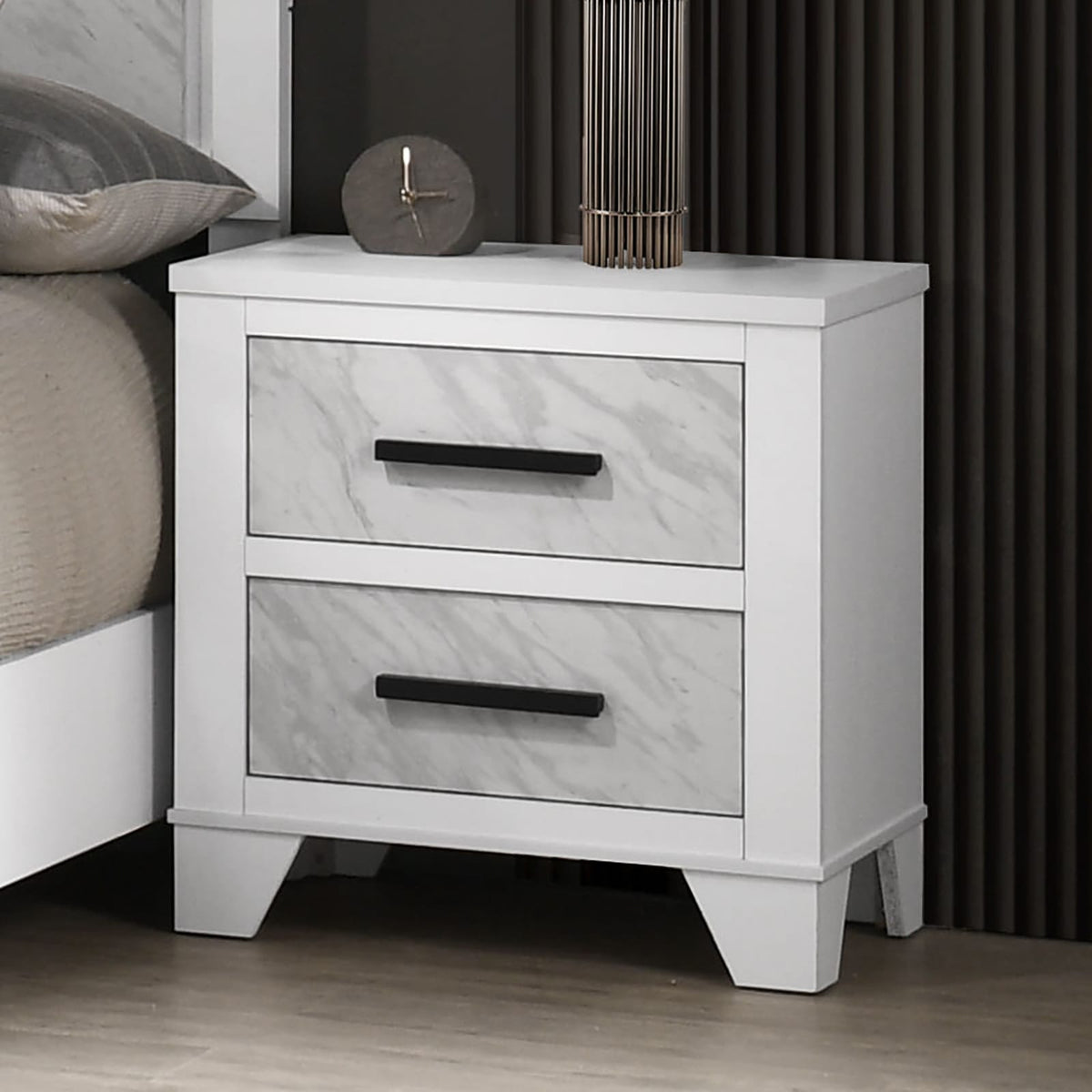 White Bedside Cabinet - 2 Drawers Contemporary Nightstand for Bedroom