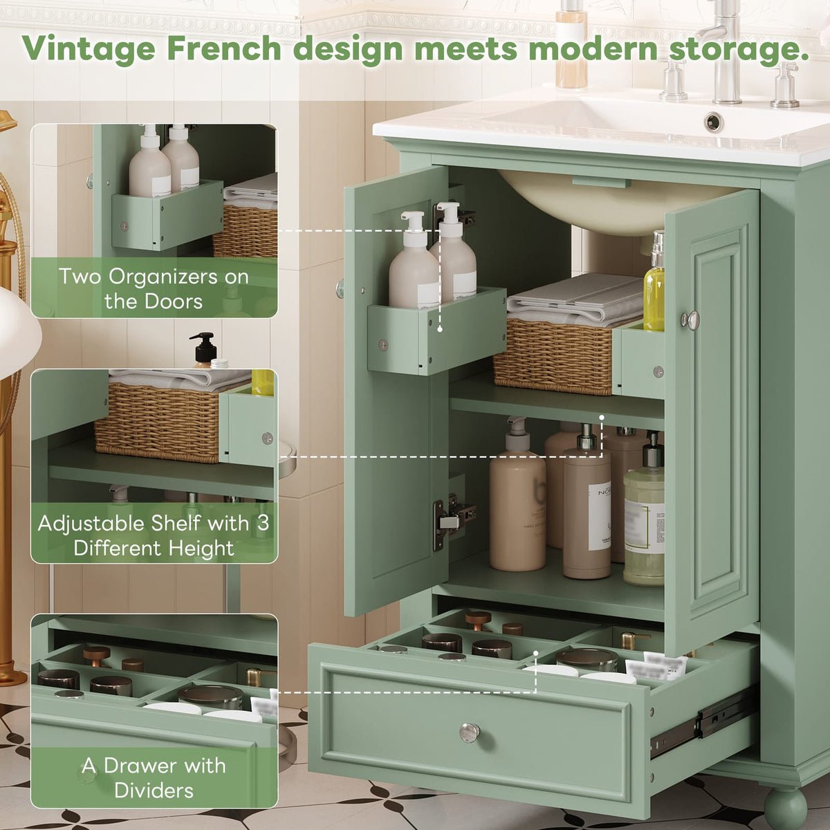 Green Bathroom Vanity with Ceramic Sink Storage