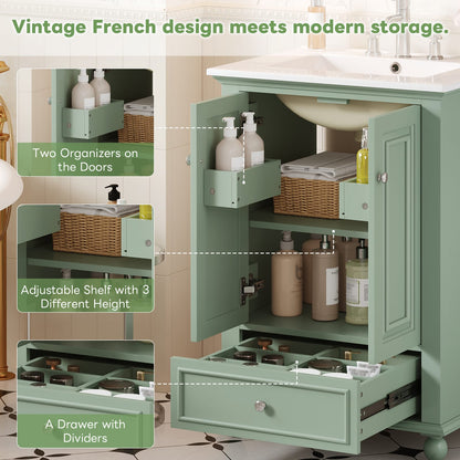 Green Bathroom Vanity with Ceramic Sink Storage