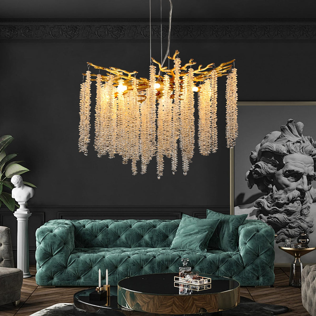 24-inch Modern Golden Pendant Light - Cascading Crystal Strands, Living Room Lighting