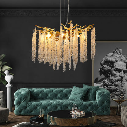 24-inch Modern Golden Pendant Light - Cascading Crystal Strands, Living Room Lighting