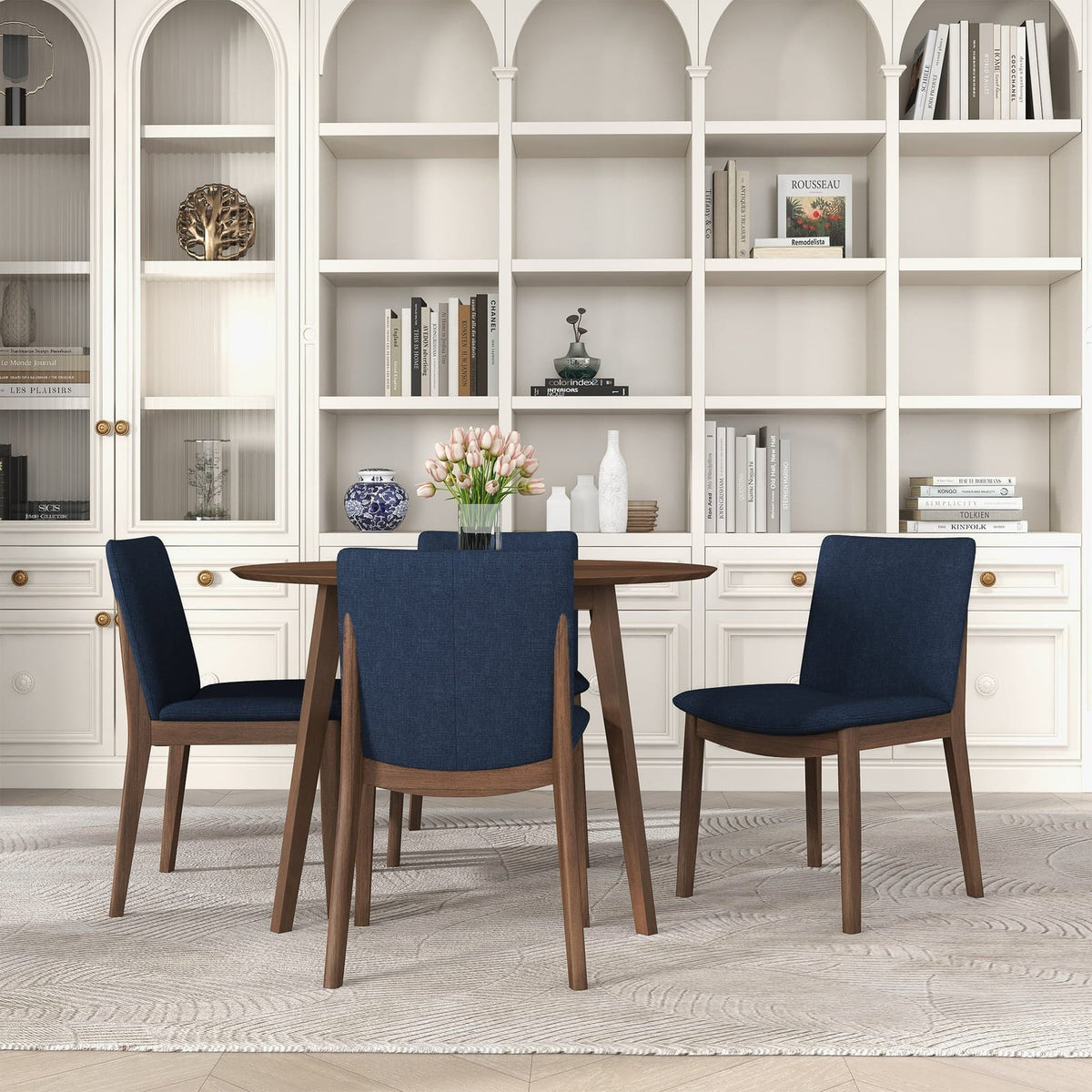 Dark Blue Brown Mid-Century Dining Chairs - Set of 2 for Dining Room