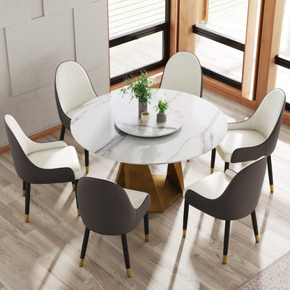 53" Round Marble Dining Table - Bronze Iron Base, White Stone