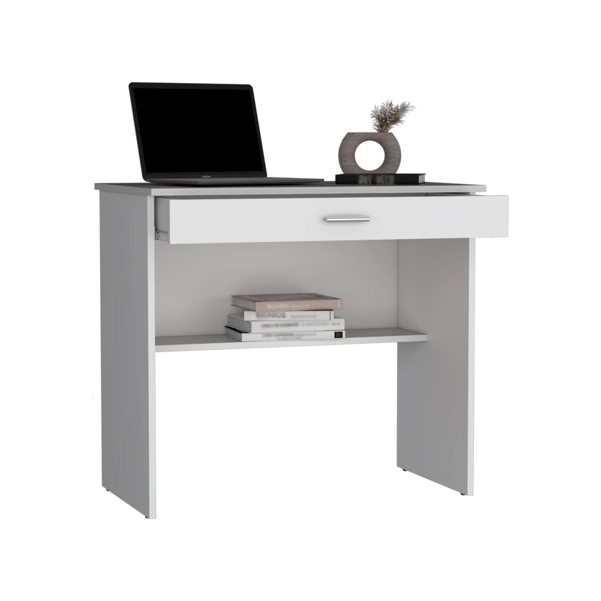 White Computer Desk with Drawer & Shelf - Compact Workstation for Home Office
