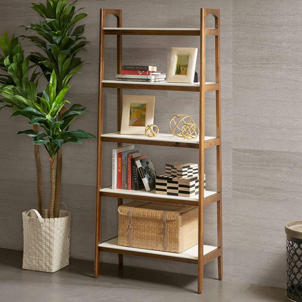Off-White+Pecan 5-Shelf Bookcase - Mid-Century Style