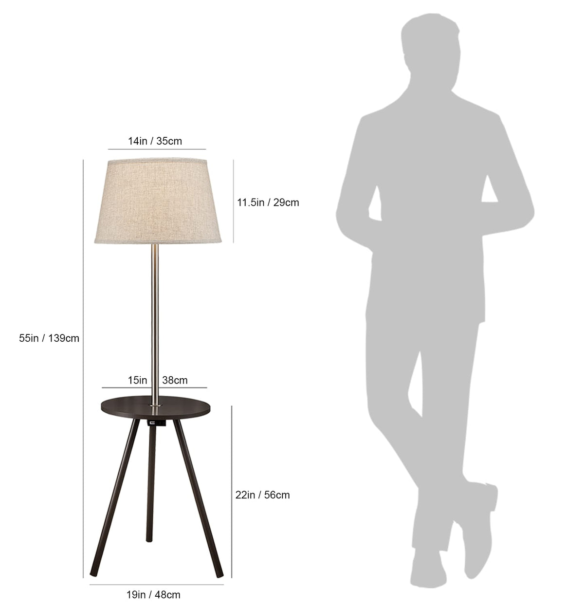 57" Round Sofa Side Table w/ Lamp and Power Station - Espresso Metal