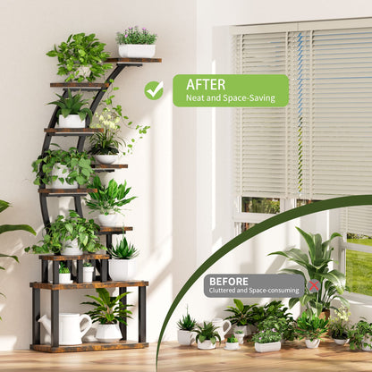 9-Tier Rustic Brown Plant Stand - 63" Tall Display Shelf
