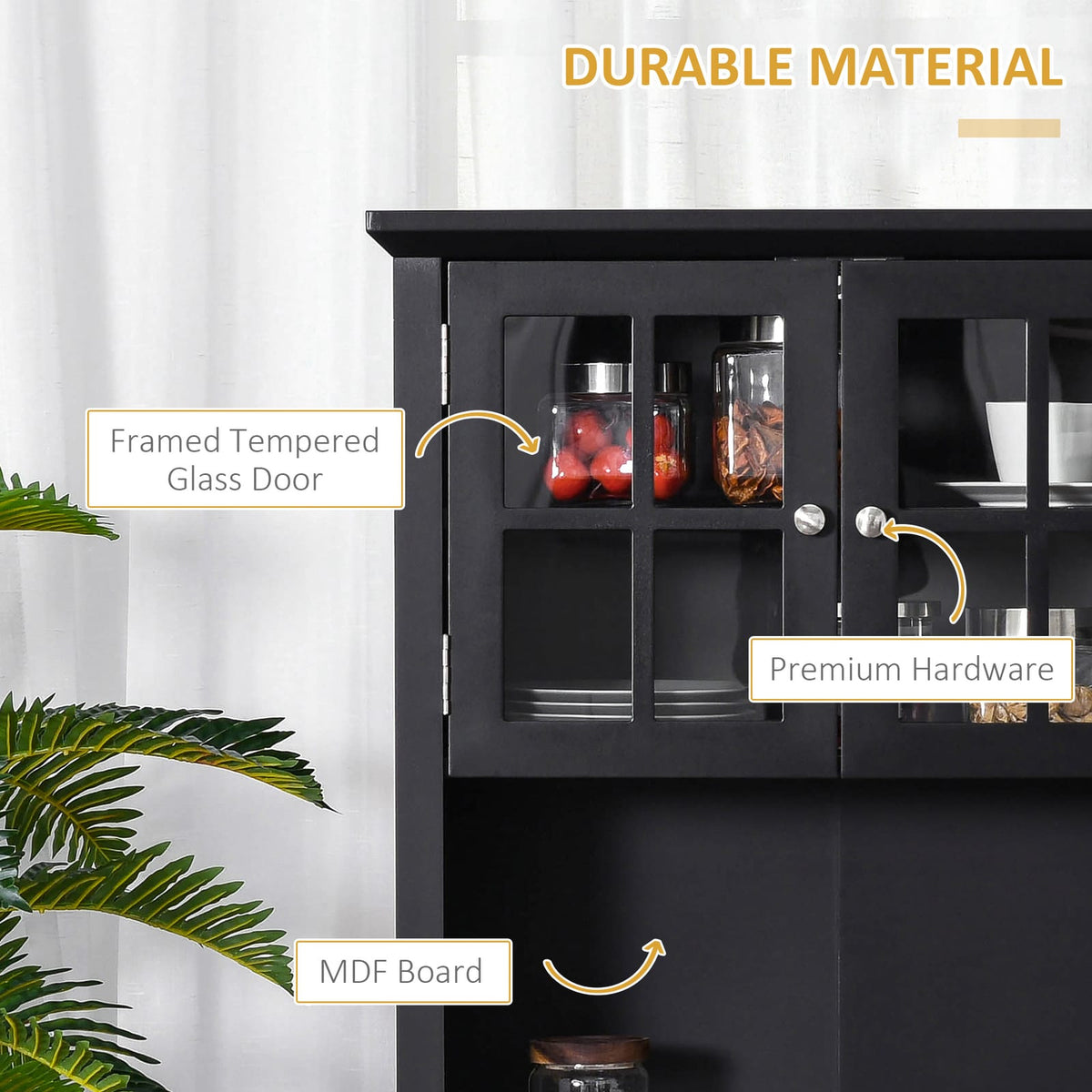 Black Kitchen Buffet with Hutch - Storage Cabinet MDF