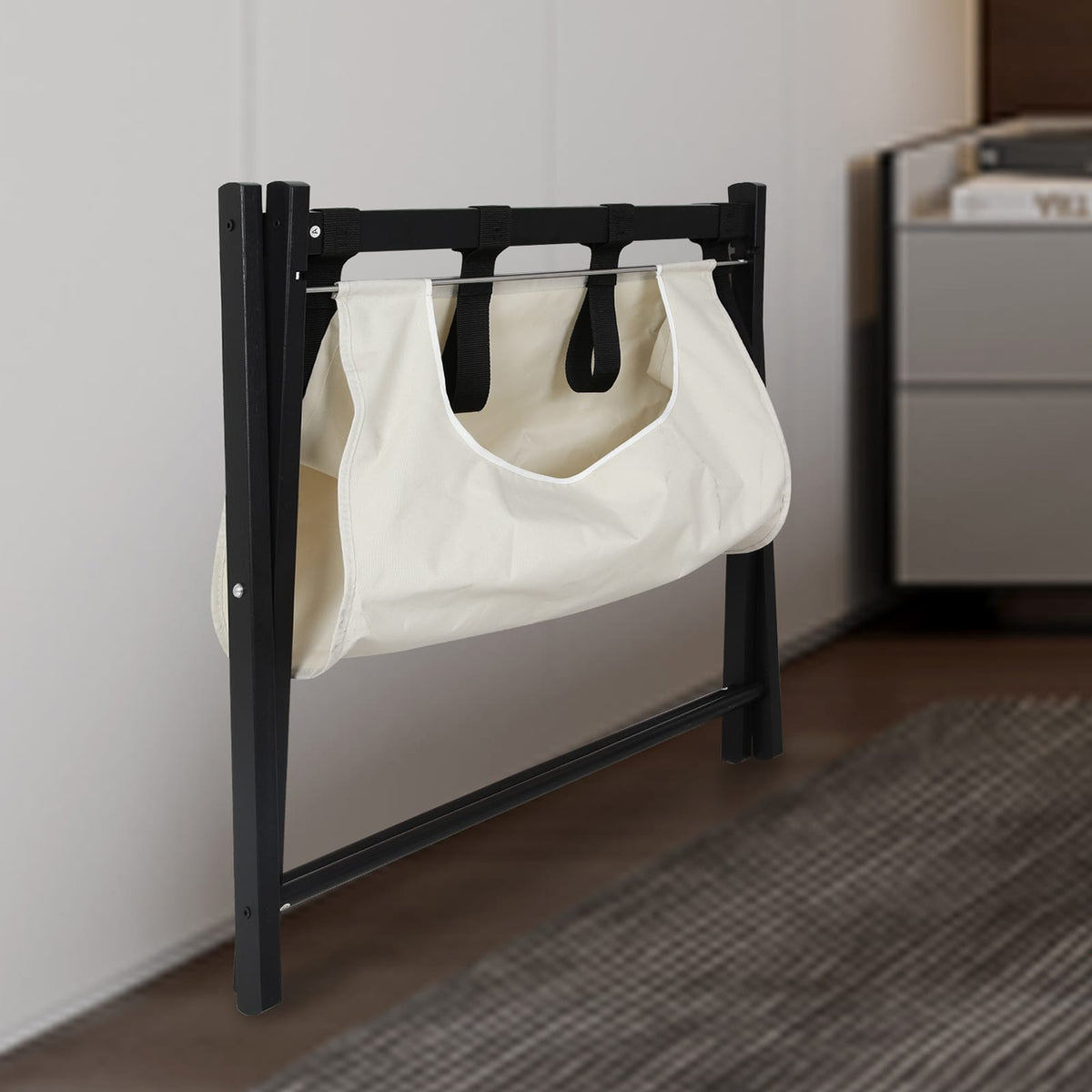 Folding Luggage Rack - Black Wood Fabric Storage Shelf