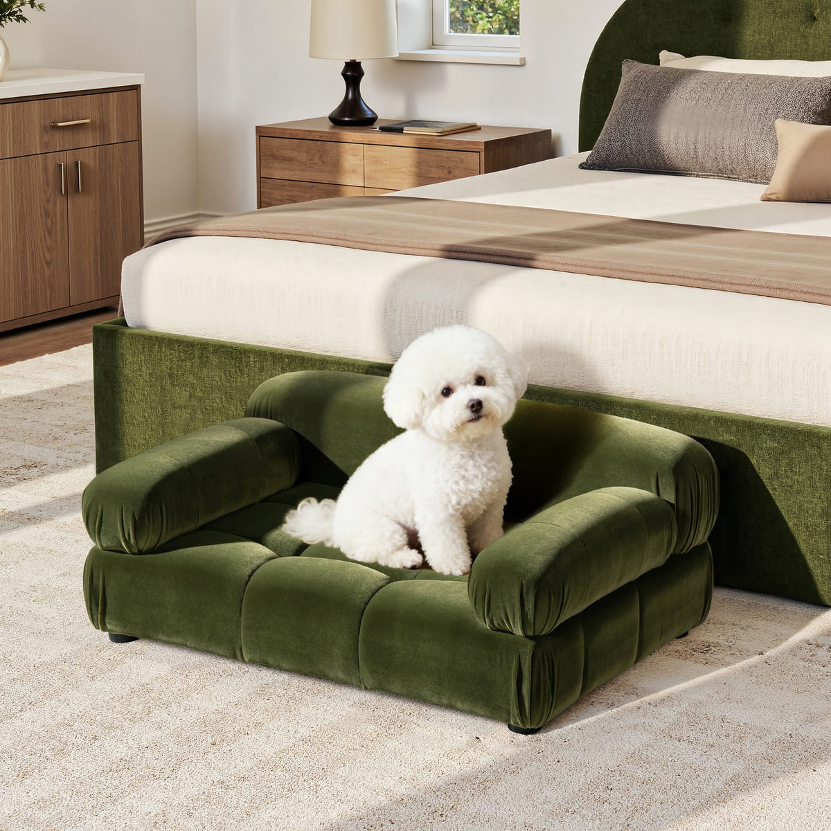 Small Velvet Pet Bed Olive Green Sofa Style For Dogs