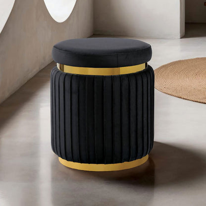 Black Contemporary Round Accent Stool - Stainless Steel & Velvet
