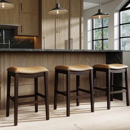 31 Inch Barstool - Tan PU Leather Seat, Durable Wood Frame