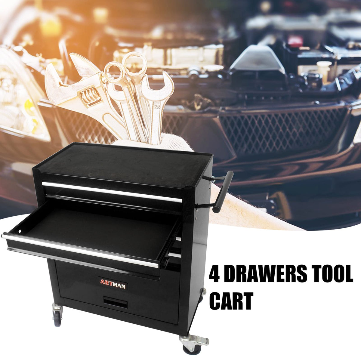 4 Drawer Tool Cart with Wheels - Black