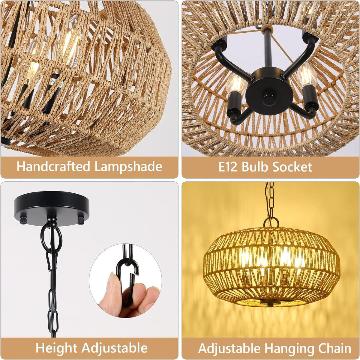Farmhouse Rattan Pendant Lights - 4-Light Boho Chandelier