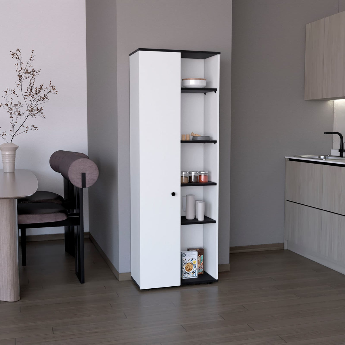 Compact Kitchen Storage Cabinet with White and Black Finish for Dining Room