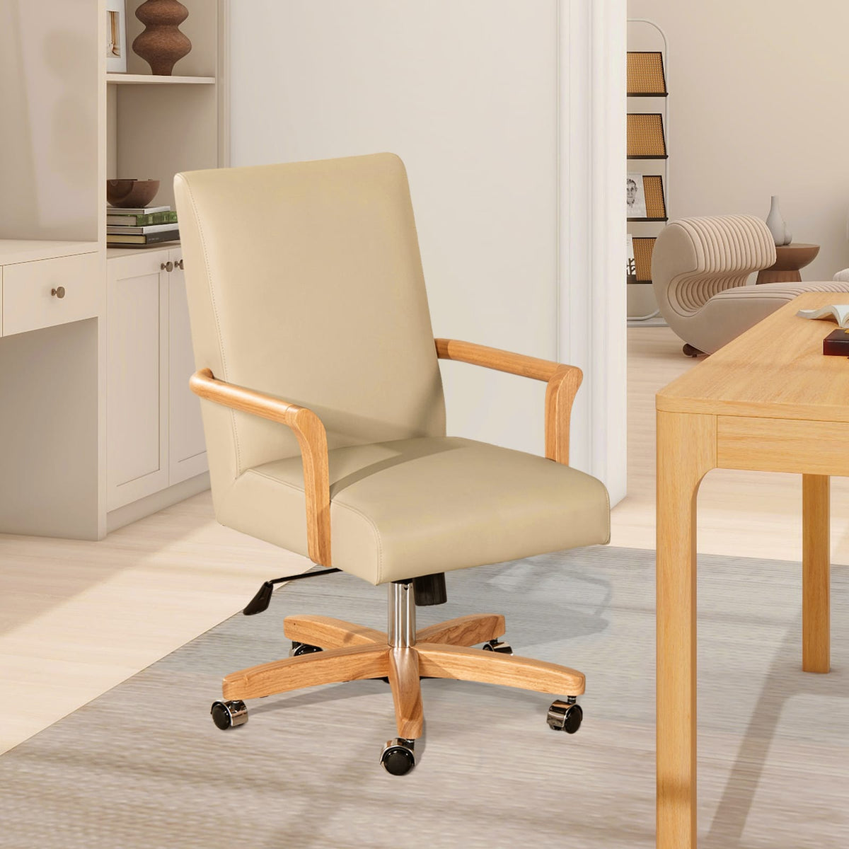 Dumont Executive Home Office Chair - Beige Leather & Wood
