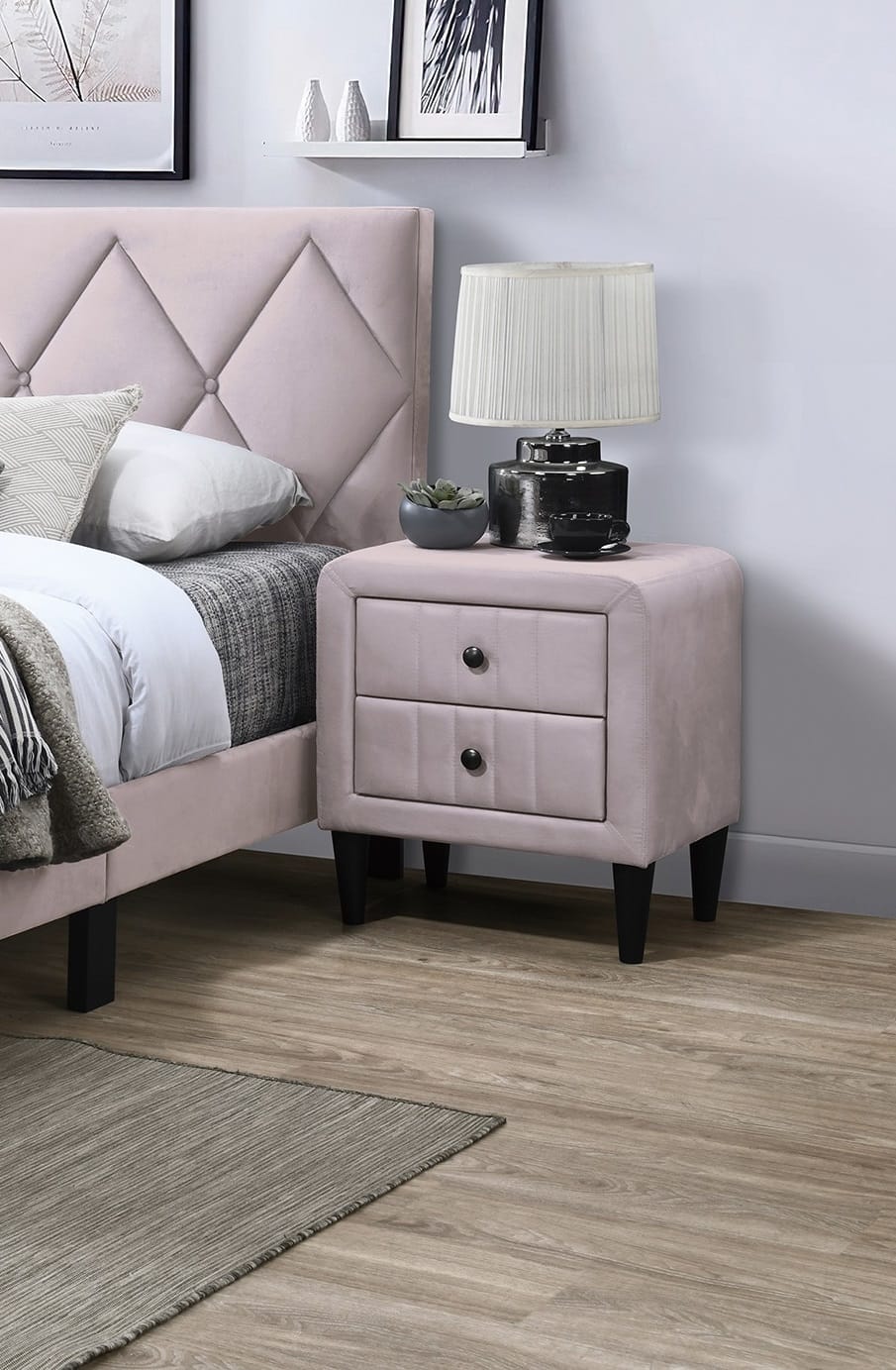 Light Pink Velvet 2-Drawer Nightstand for Glam Bedroom Storage